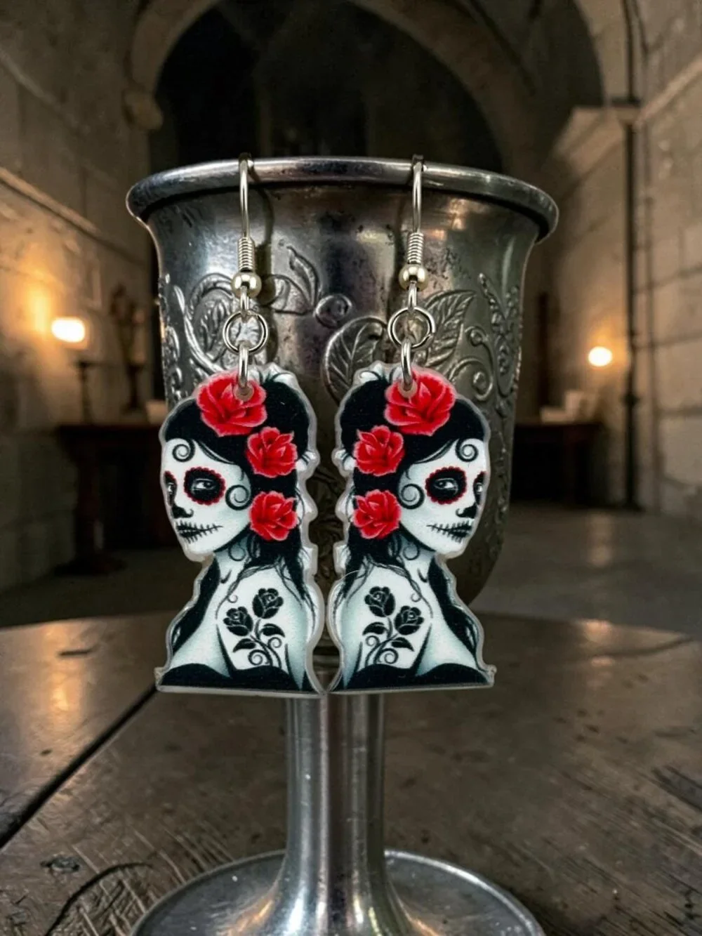 Day of the Dead Earrings Sugar Skull Red Rose Goth Dangle Handmade 2.25